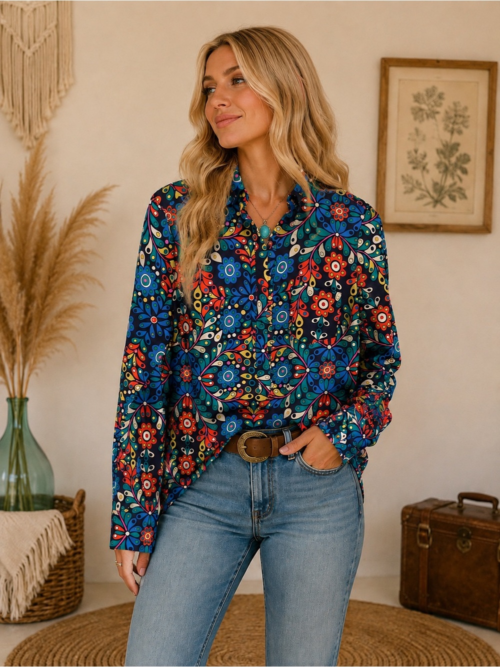 Retro Blue Floral Button-Up Blouse